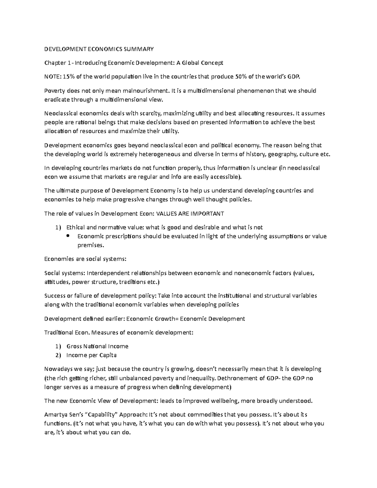 Development Economics Summary - Chapters 1 and 2 Review - Studocu