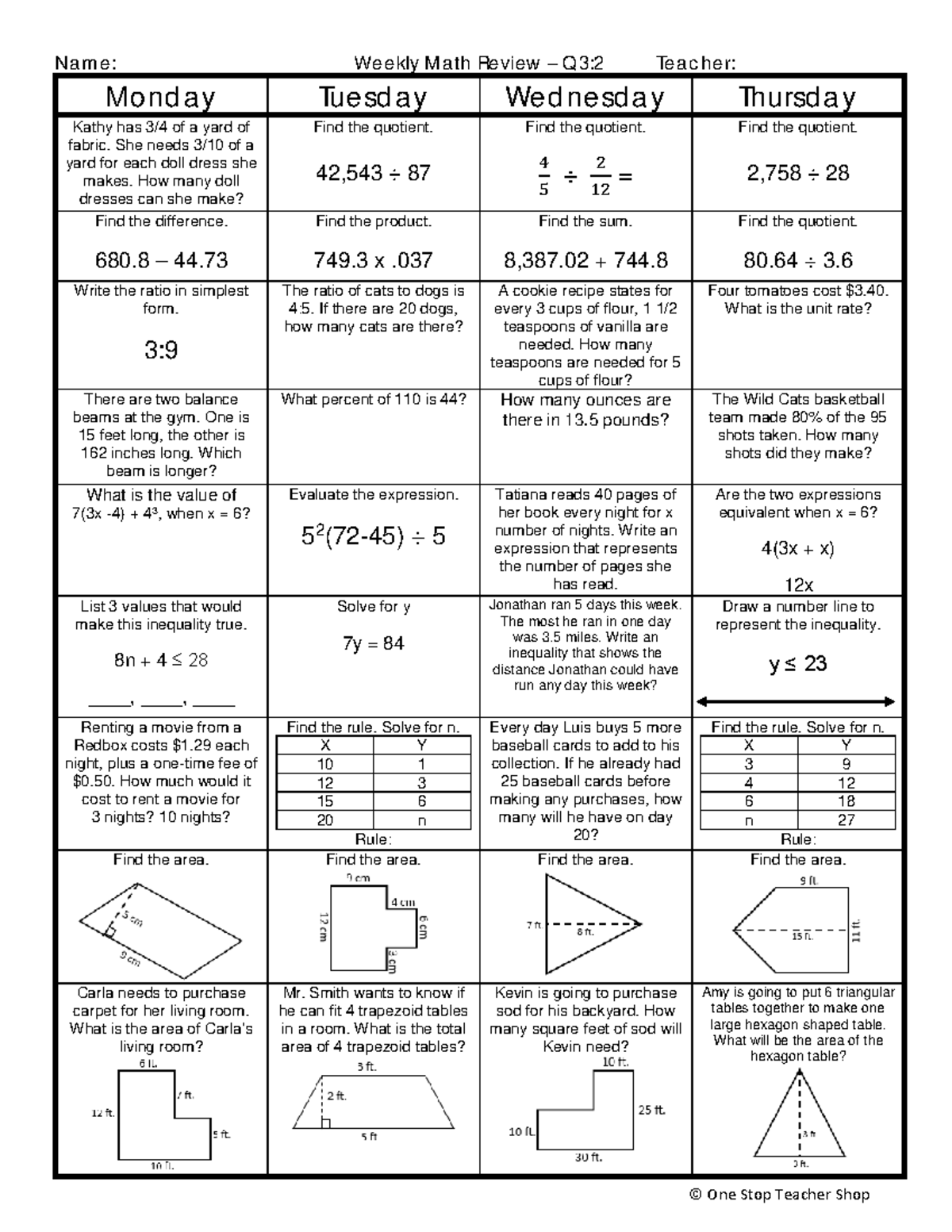 Weekly Math Review Q3:2 - Area & Word Problems - Studocu
