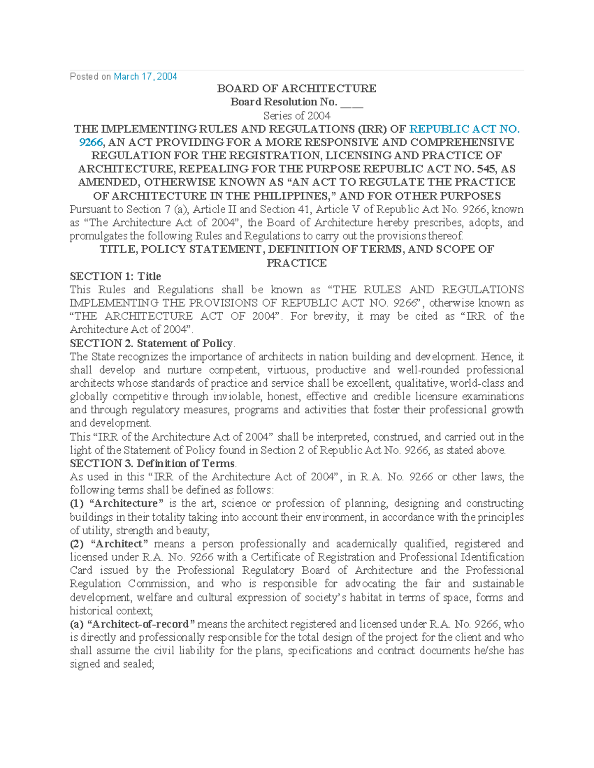 IRR of RA 9266: Comprehensive Rules for Architecture Practice - Studocu