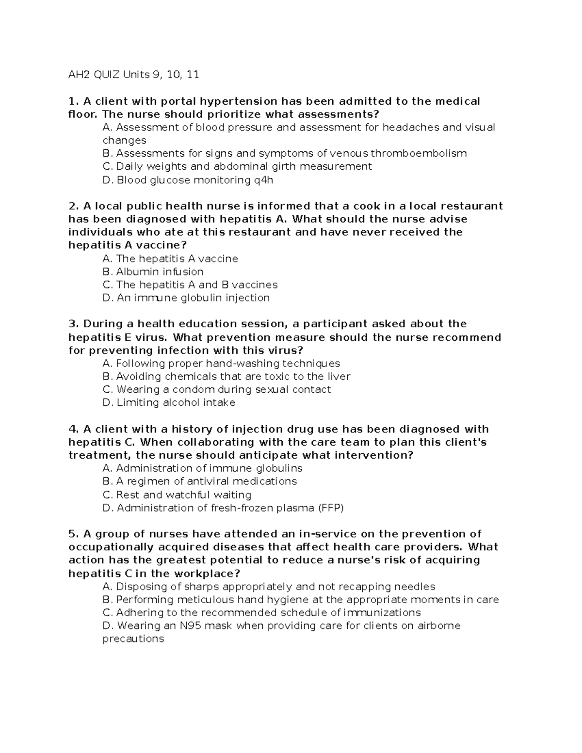 AH2 FINAL EXAM Practice Questions for Units 9, 10, 11 - Studocu