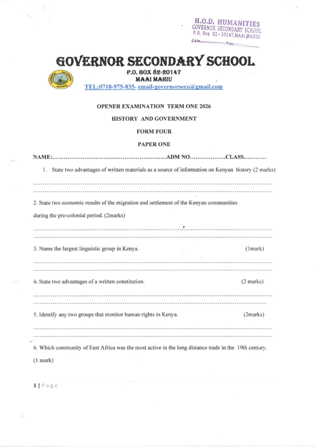 HIST 2026: Term One Exam Paper - History & Government Form Four - Studocu