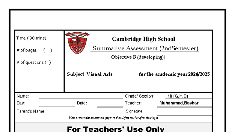Cambridge High School MYP Arts: Year 5 Summative Assessment (Objective ...