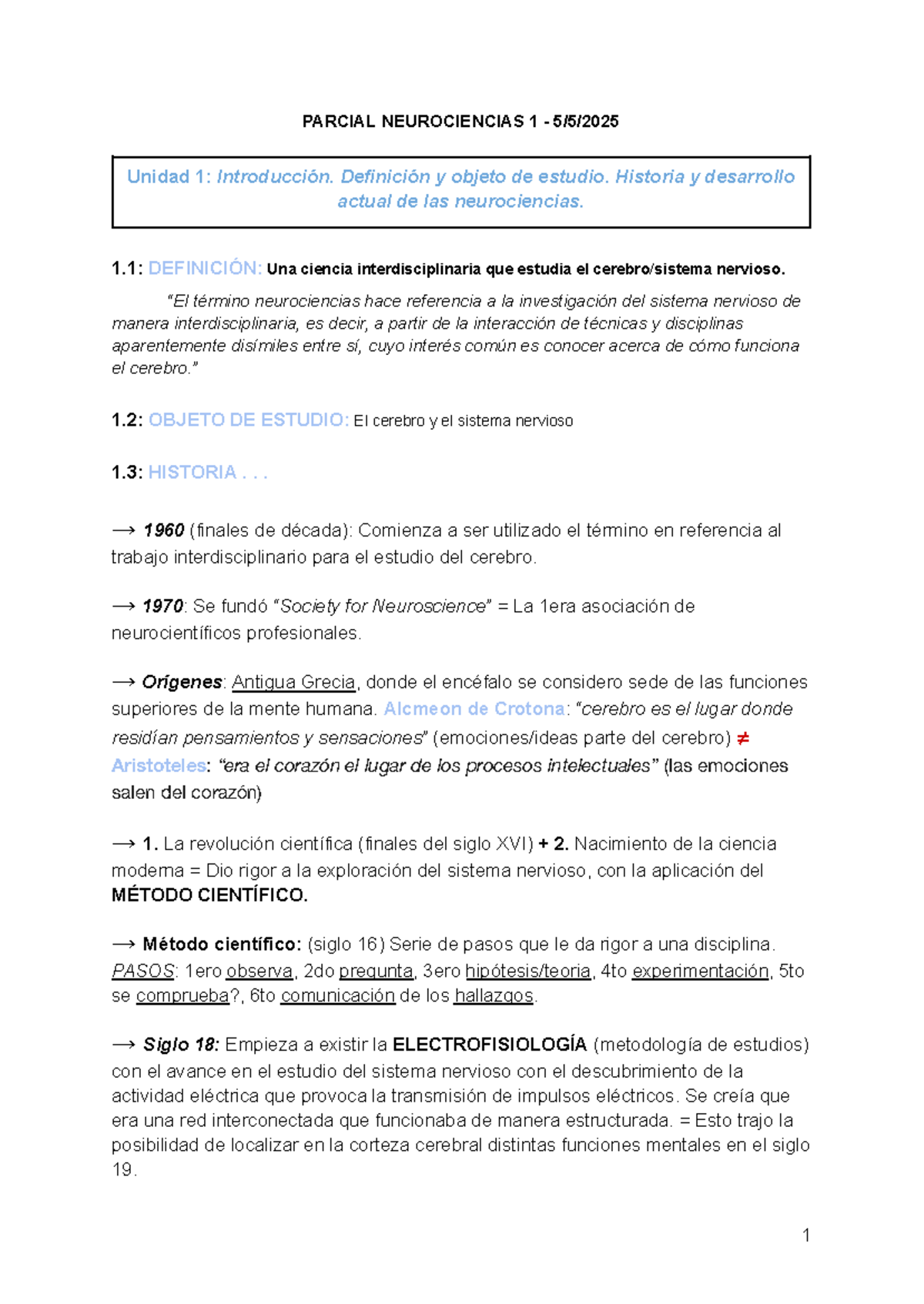 Resumen del 1er Parcial de Neurociencias 1: Introducción y Desarrollo ...
