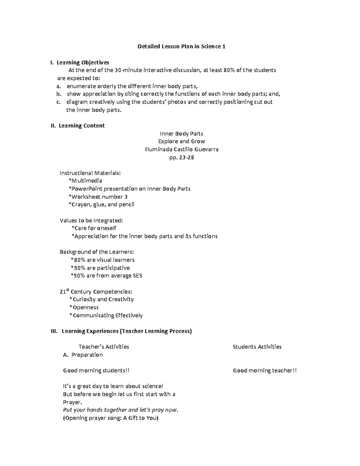 EDUM233 Semi-Detailed Lesson Plan: Inner Body Parts Exploration - Studocu