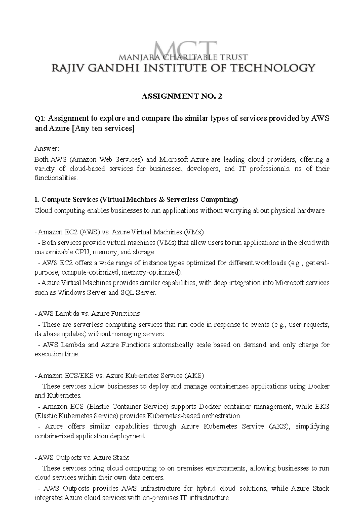 Comparative analysis of AWS and Azure services - Assignment No. 2 - Studocu