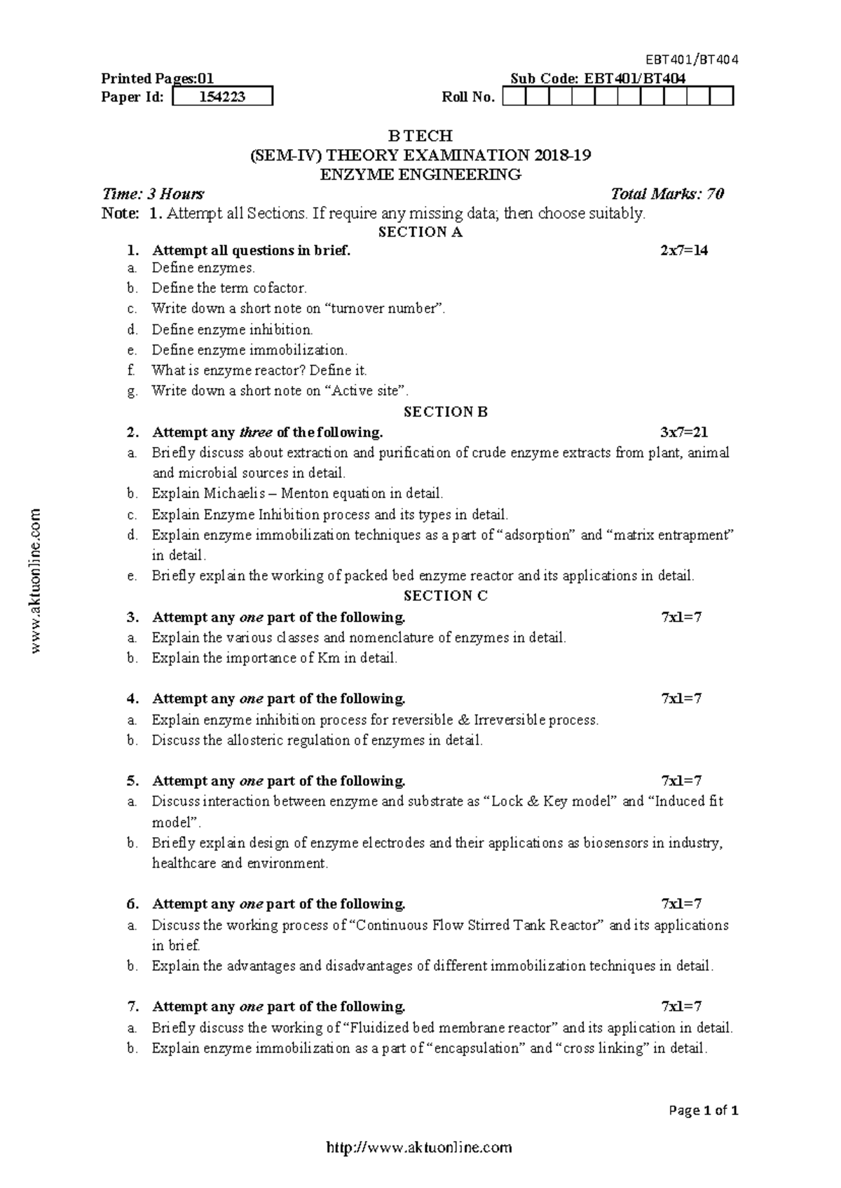 BTech IV Sem Enzyme Engineering EBT401 Theory Exam Notes 2019 - Studocu