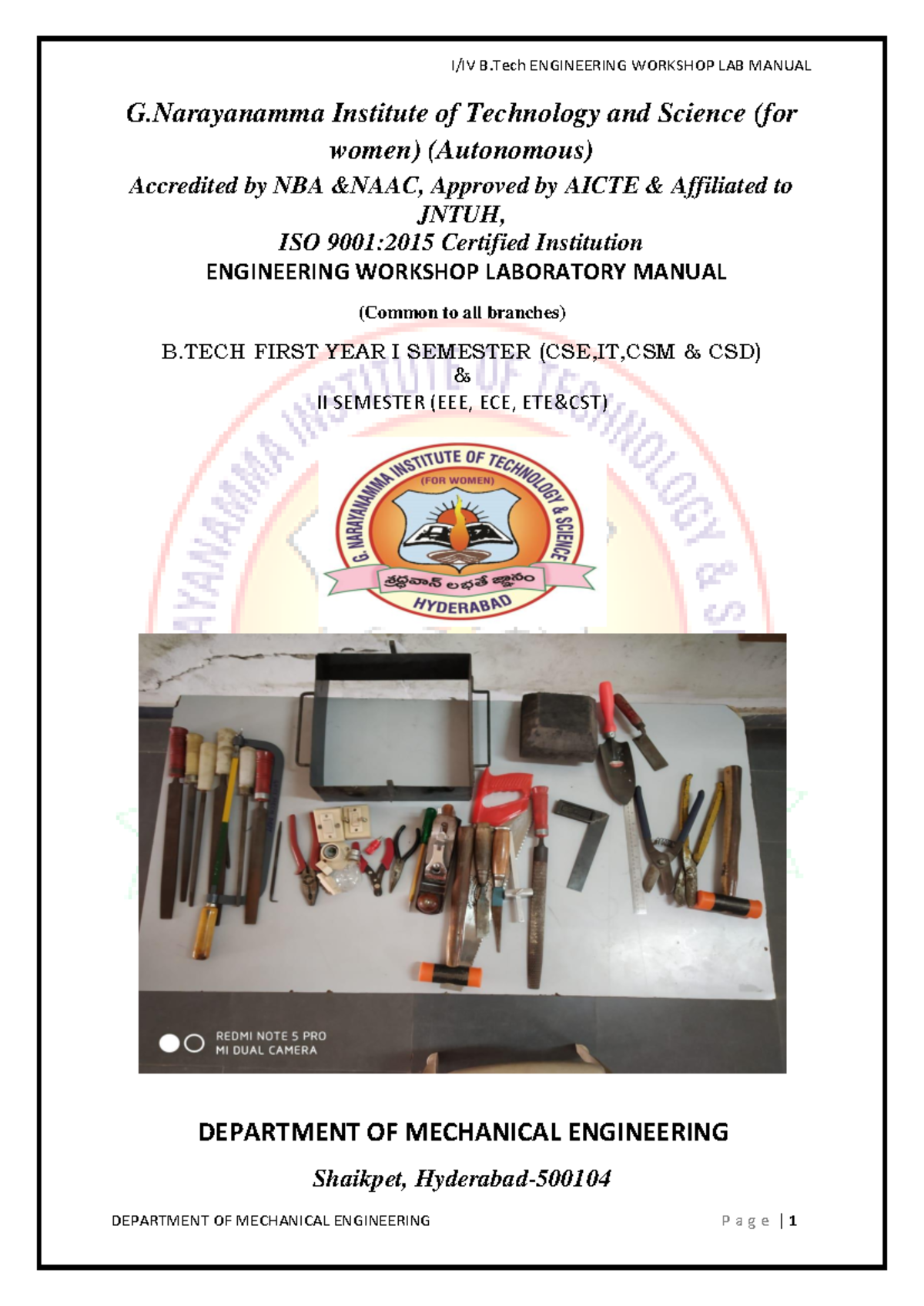 B.TECH I & II SEM ENGINEERING WORKSHOP LAB MANUAL - 2022-2023 - Studocu