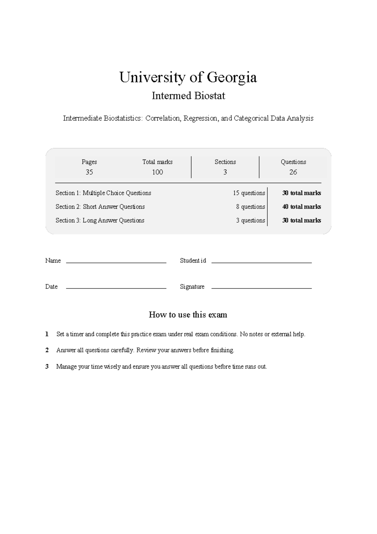 BIOS 3000 Intermed Biostat UGA Practice Test: Correlation & Regression ...