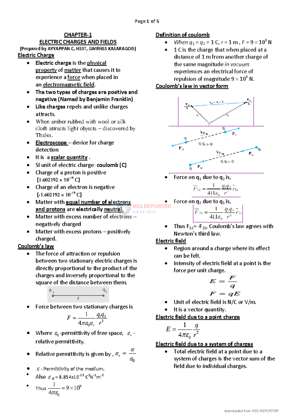 HSSRptr-1 - Final Exam Notes on Electric Charges & Fields - Studocu
