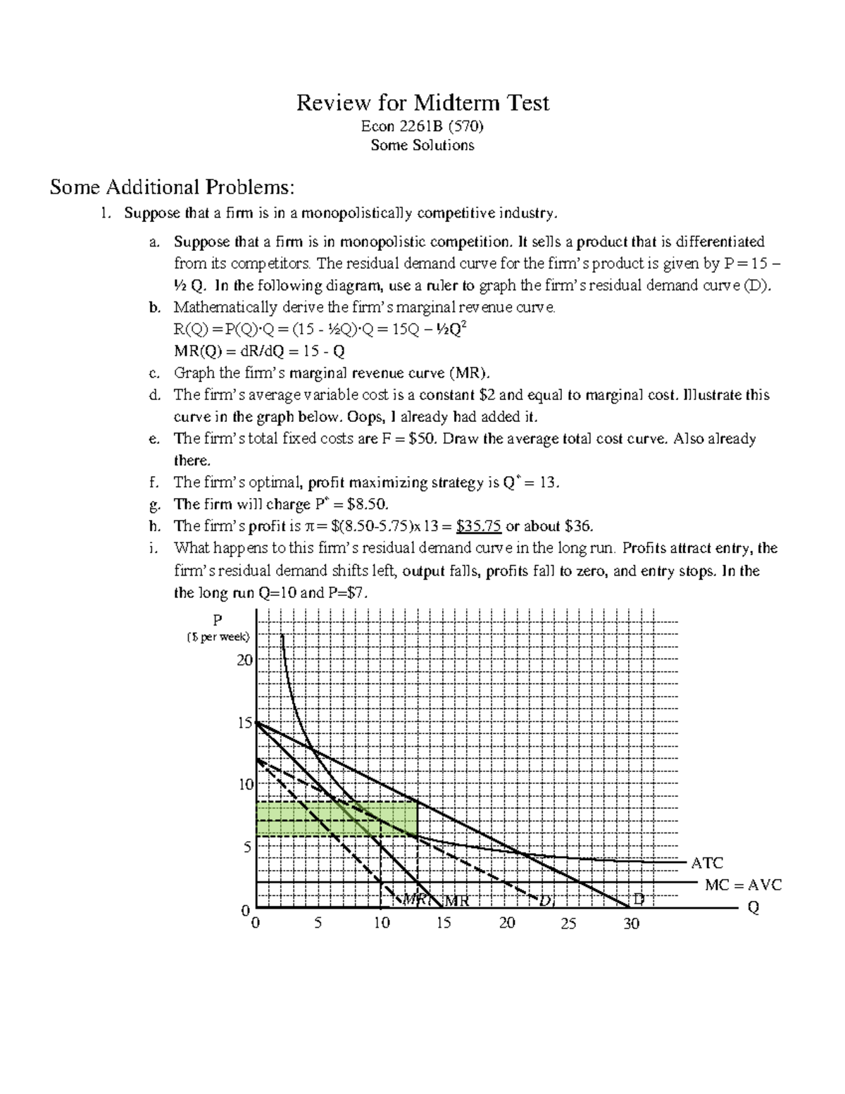 Some Solutions for ECON 2261B Midterm Test Review - Copy - Review for ...