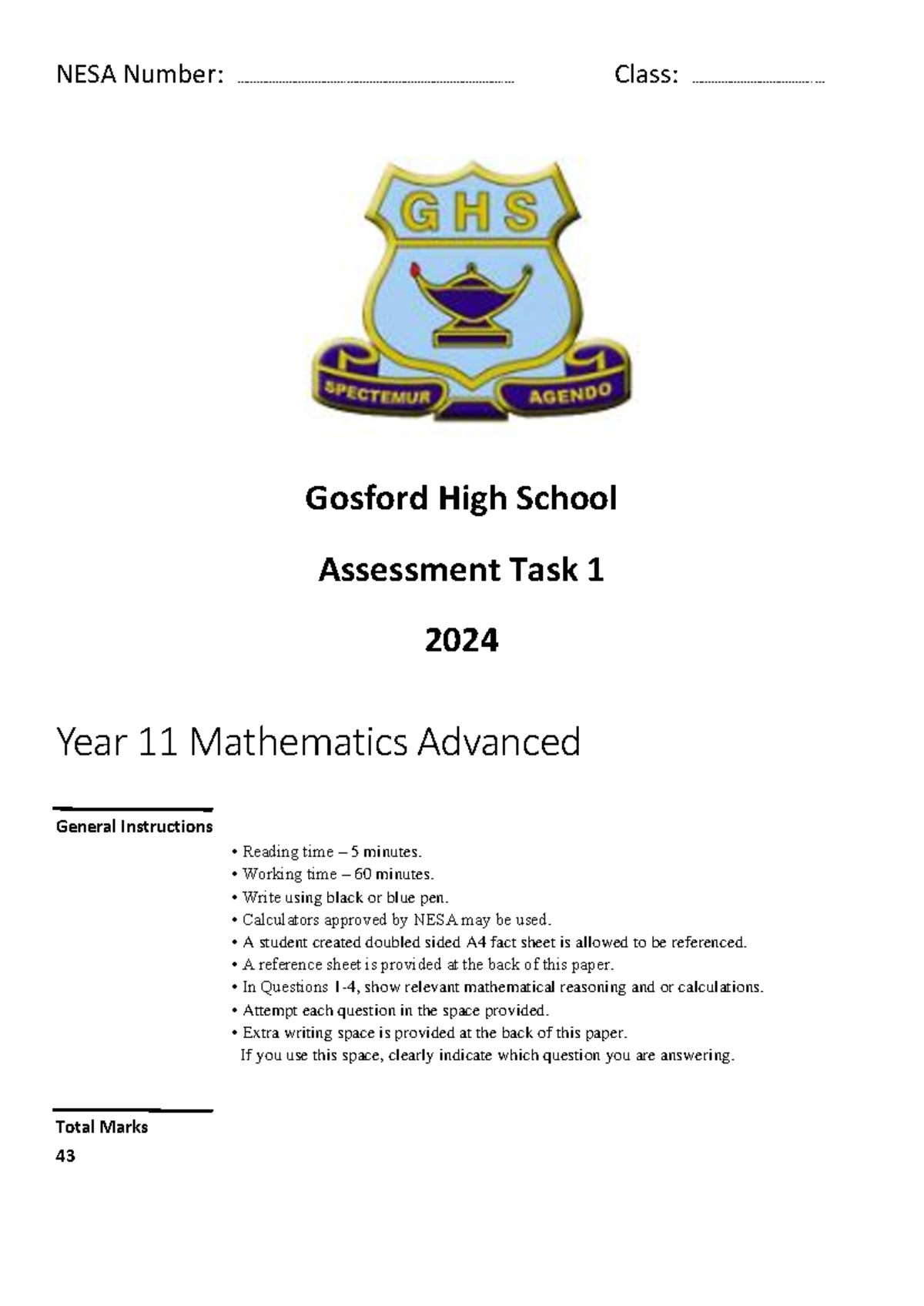 2024 Y11 Mathematics Advanced Assessment Task 1 Guide - Studocu