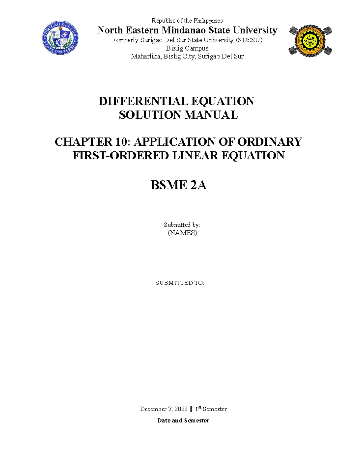 Final Exam Solutions for Differential Equations - BSME 2A - Studocu