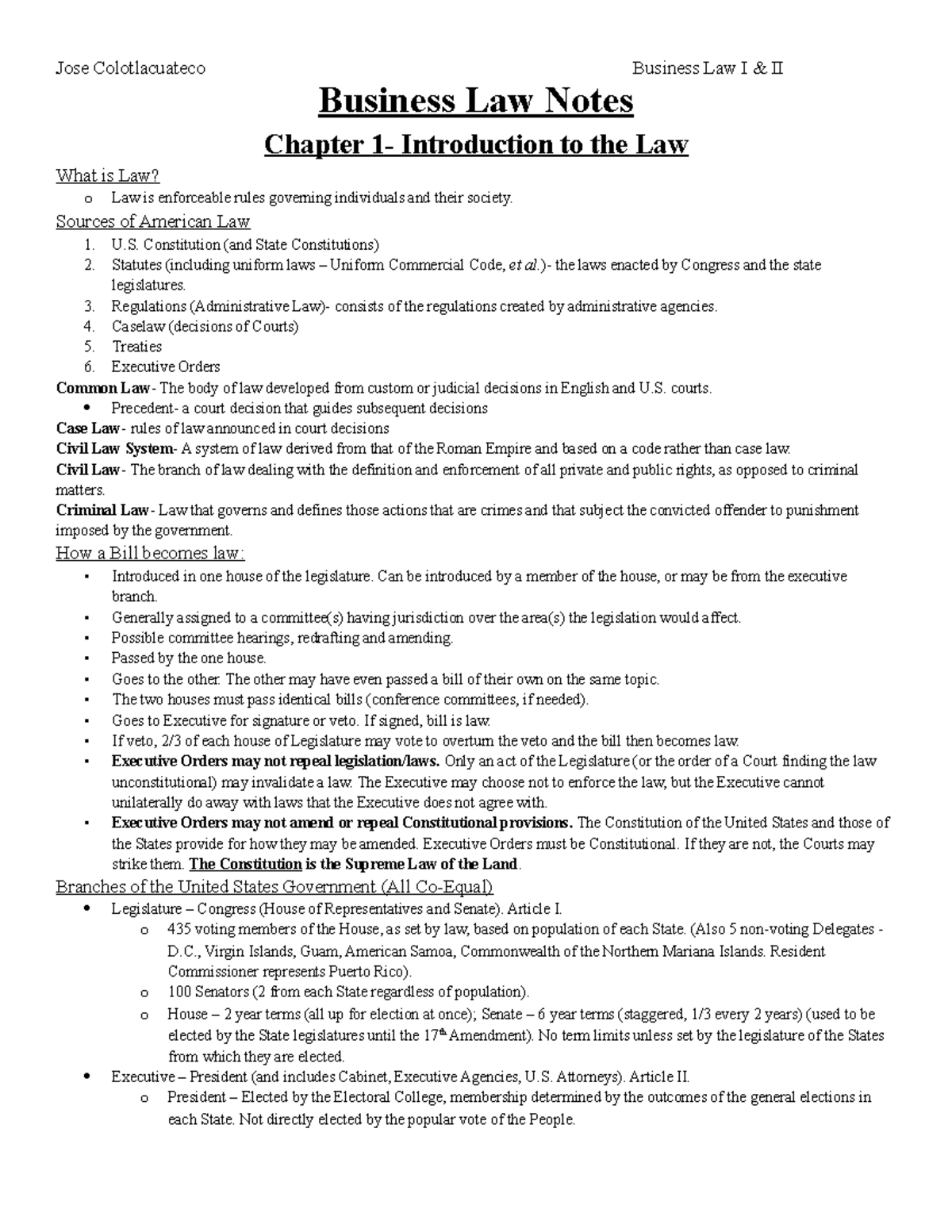Business Law I II Chapter Notes: Introducing Law and Legal Concepts ...
