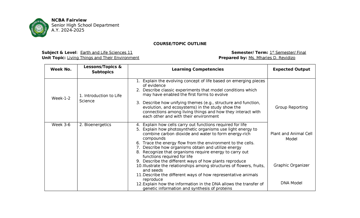 NCBA Earth and Life Sciences 11 Final Exam Outline: Living Things ...