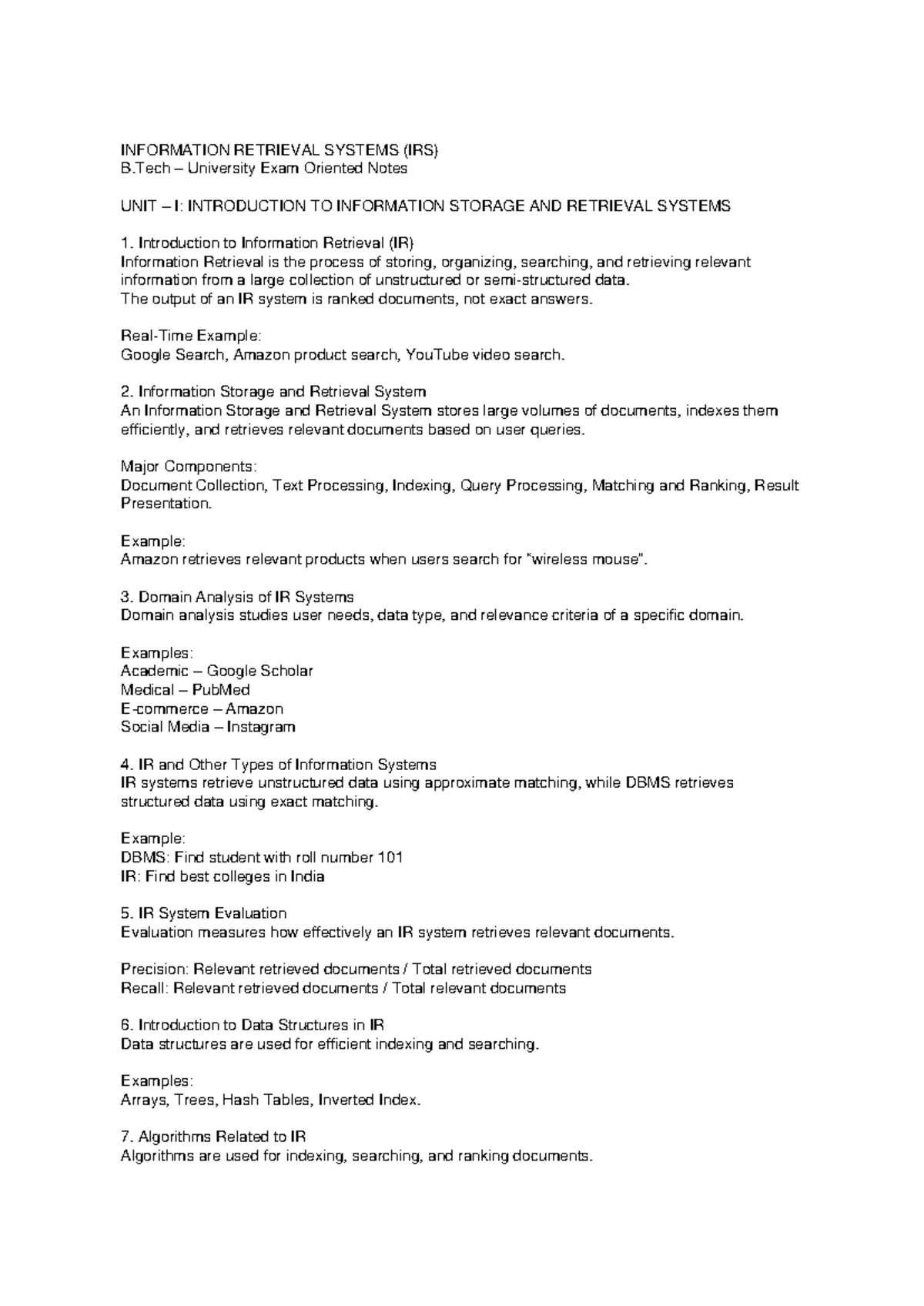 IRS B.Tech Exam Notes: Unit 1 - Intro to Info Storage & Retrieval - Studocu