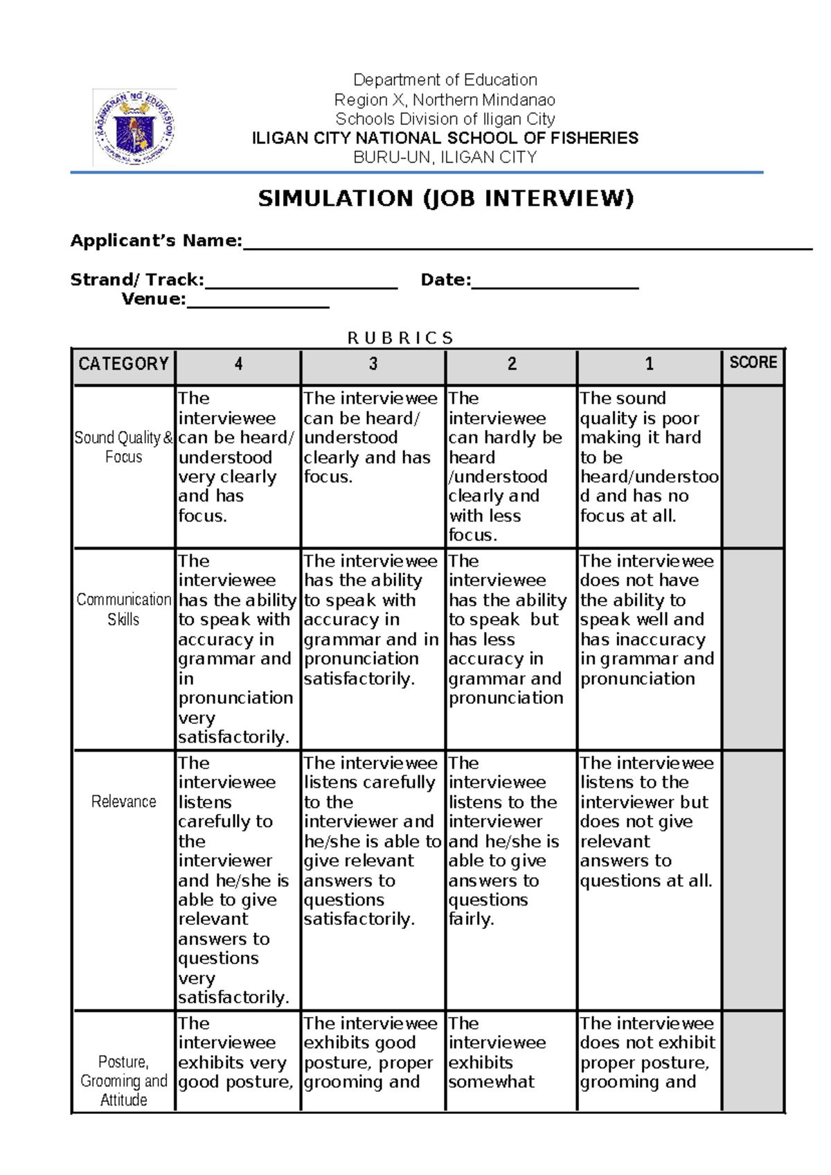 Mock Interview Rubrics for Education Simulation Evaluation - Studocu