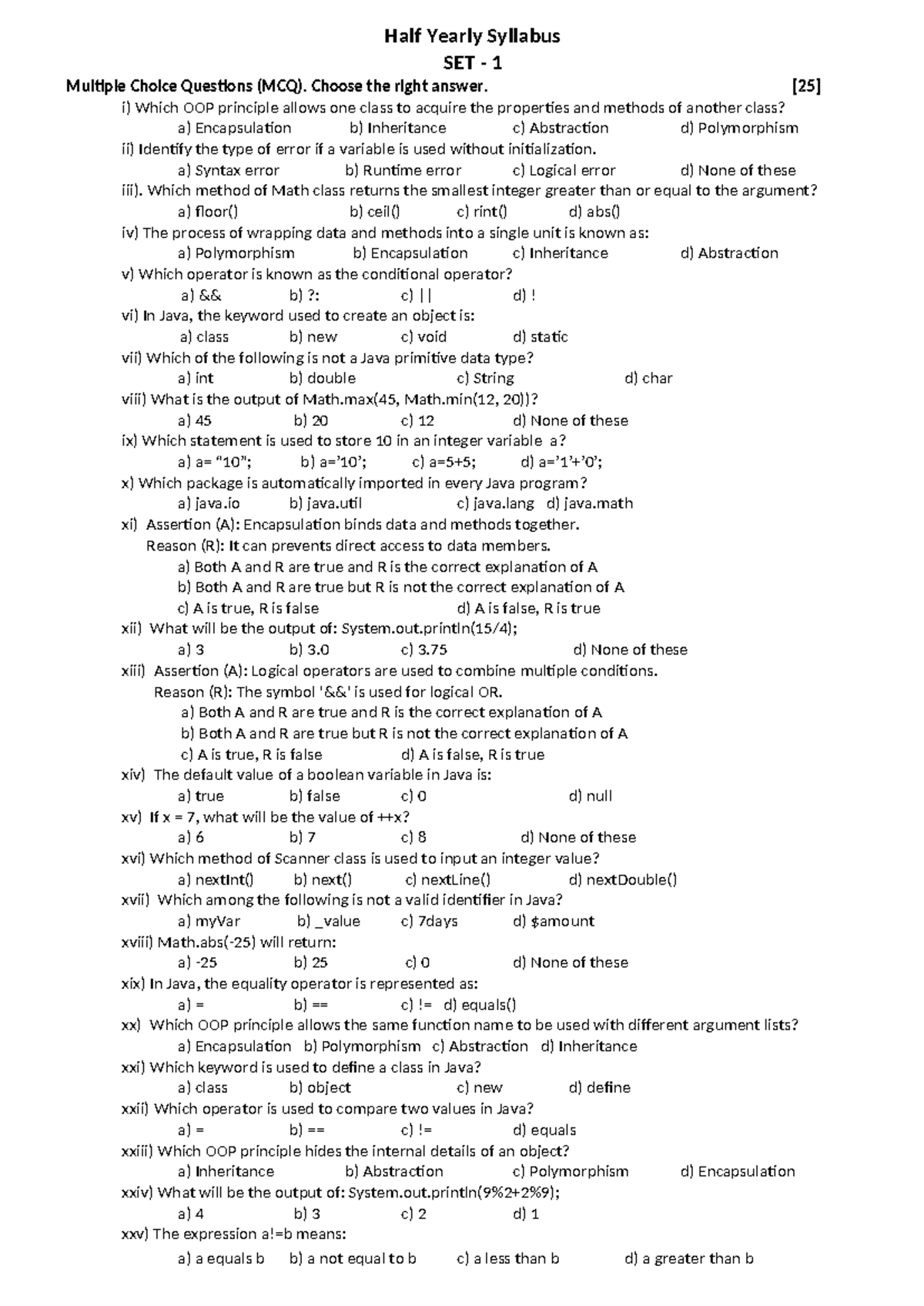 Half Yearly MCQ Questions for Class 9 - Computer Science SET 1 & 2 ...