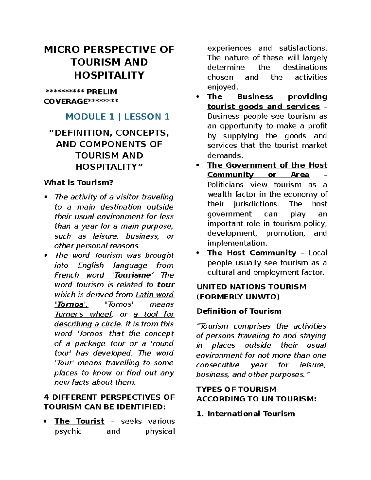 MICRO PERSPECTIVE OF TOURISM AND HOSPITALITY PRELIM MODULE 1 LESSON 1 ...