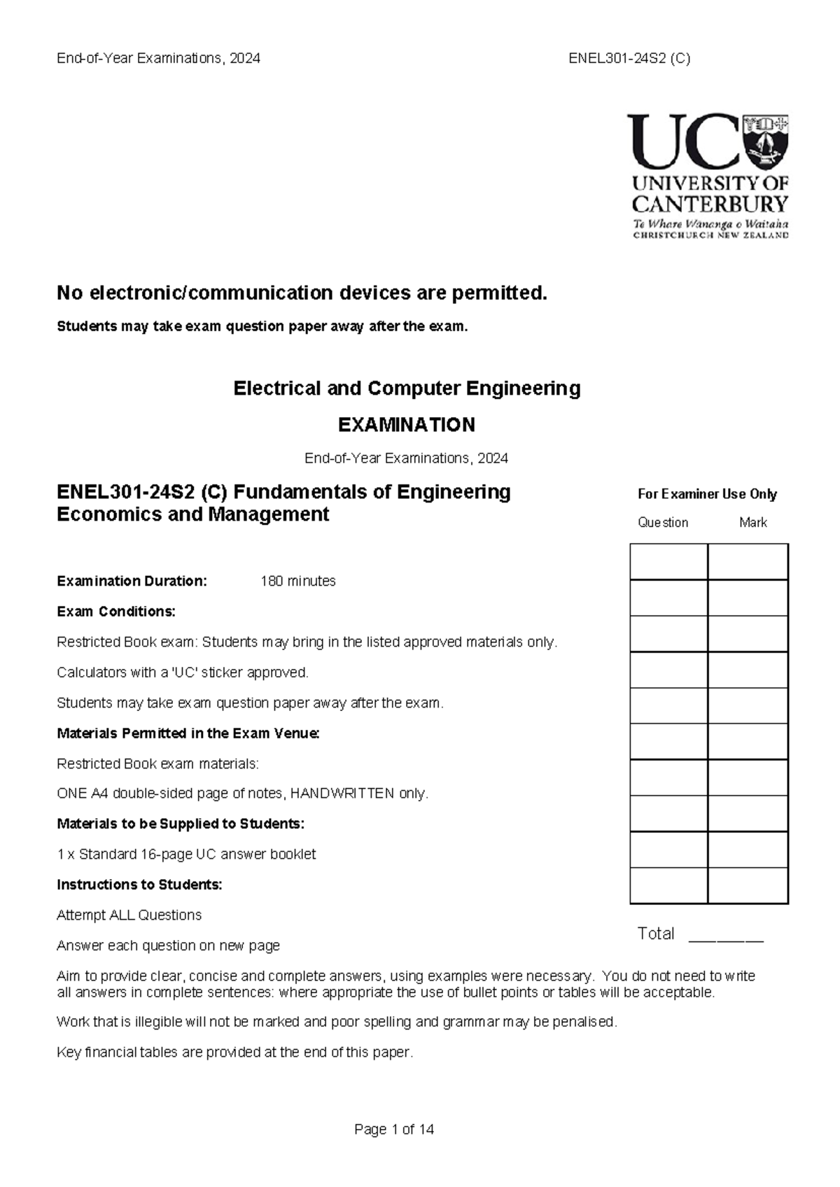 ENEL301 24S2 Final Exam: Fundamentals of Engineering Economics - Studocu
