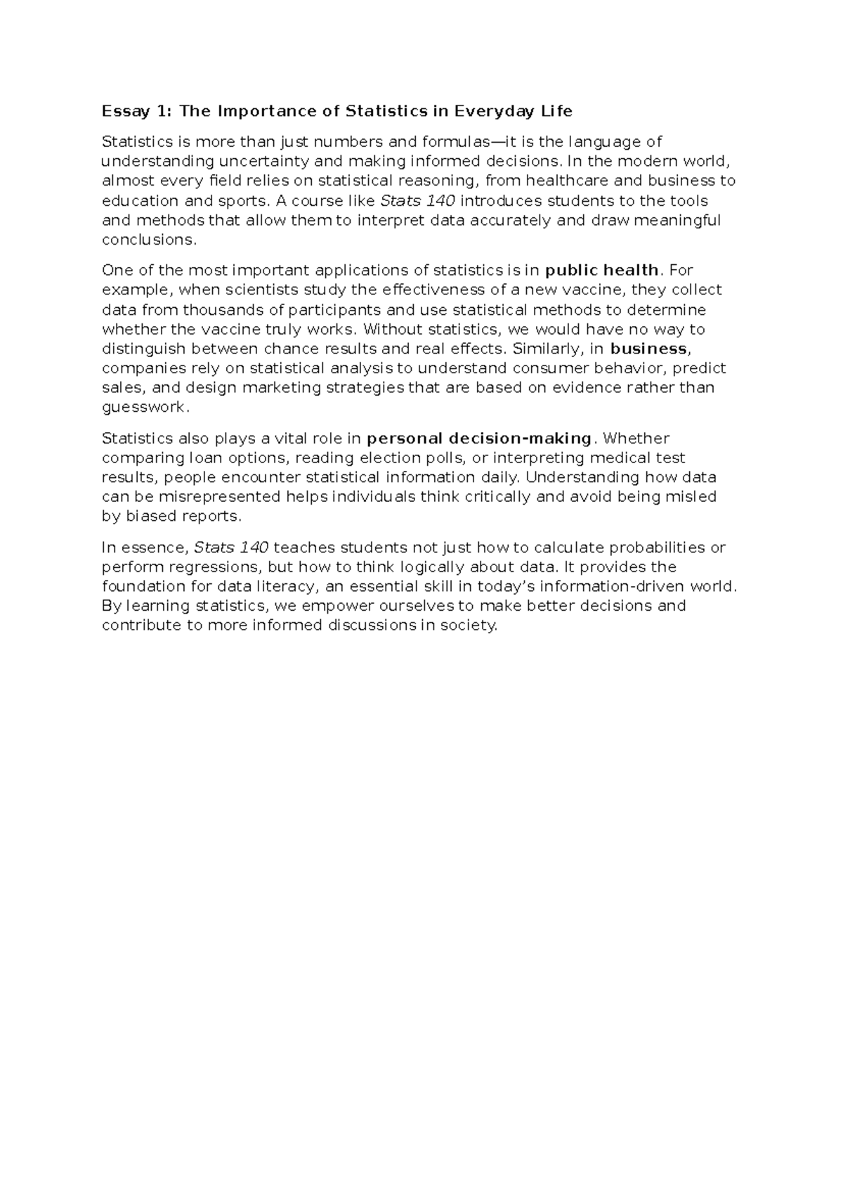 Stats 140: The Role of Statistics in Everyday Decision-Making - Studocu