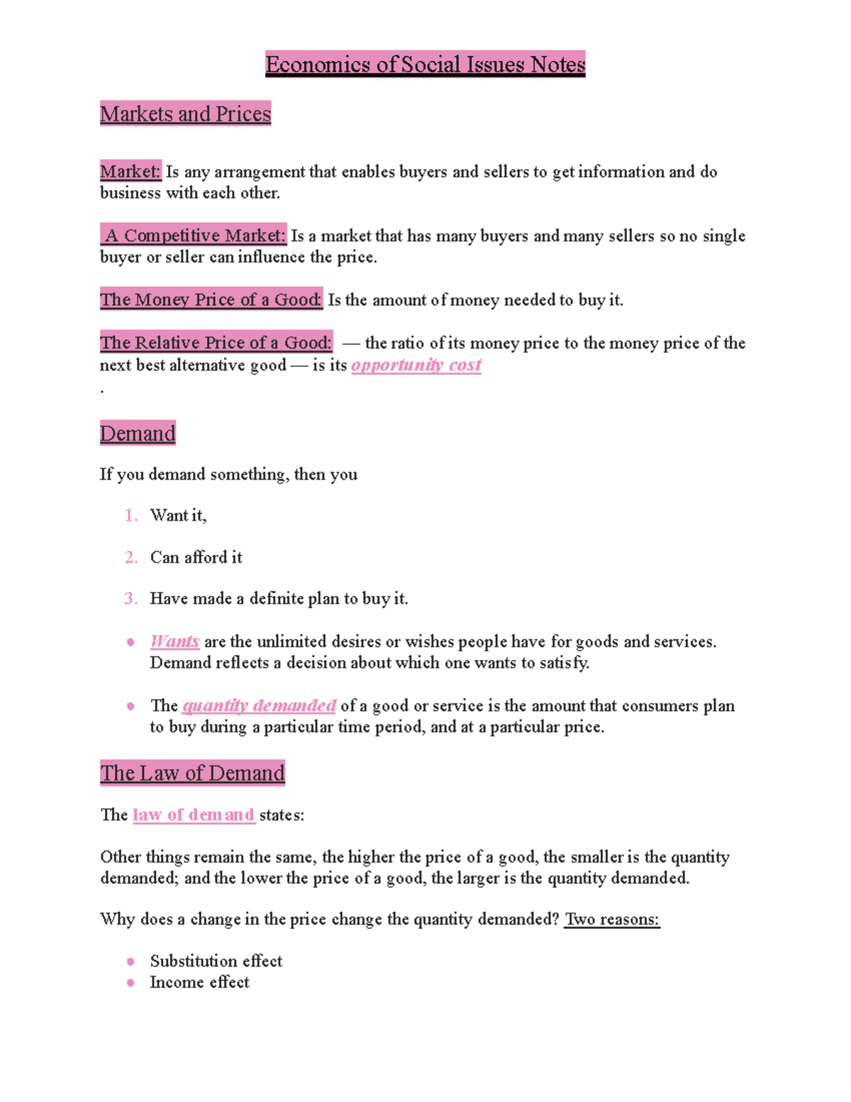 Economics of Social Issues (ECO 101) Lecture Notes on Supply & Demand ...