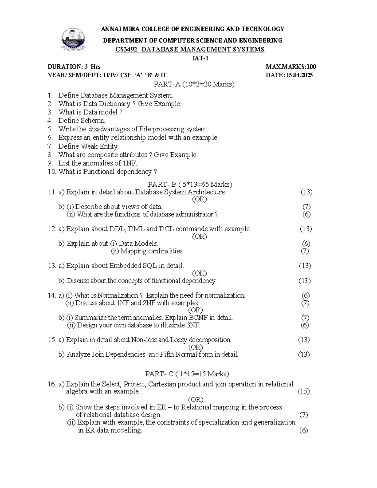 IAT 1 DBMS - Key Questions for Database Management Systems Exam - Studocu