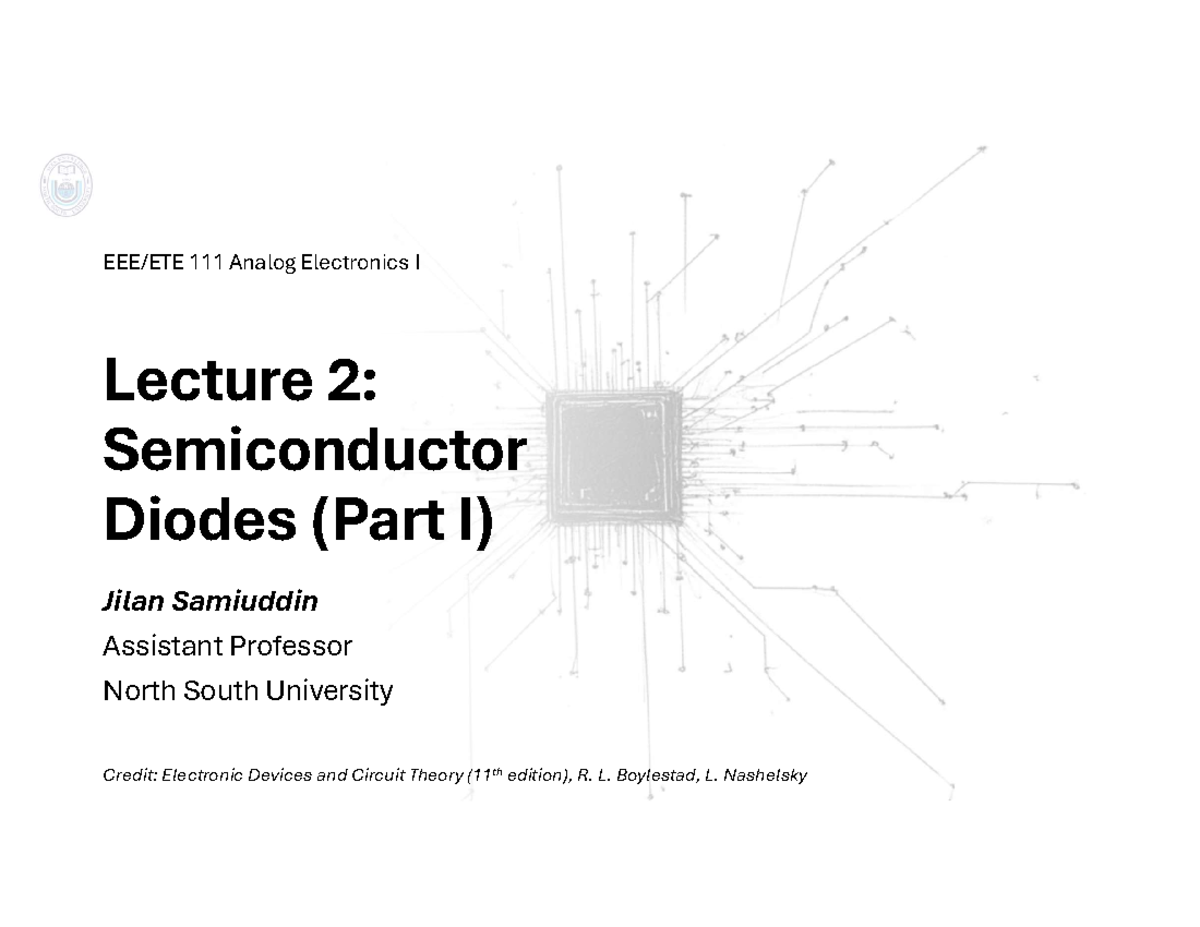 Analog Electronics I Lecture 02: Semiconductor Diodes Overview - Studocu