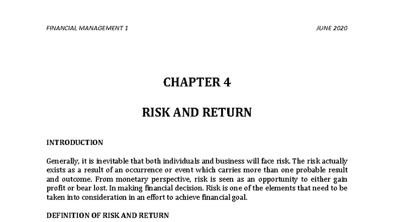 MK 9 - FM 1 JUNE 2020 - Chapter 4: Risk and Return Analysis - Studocu