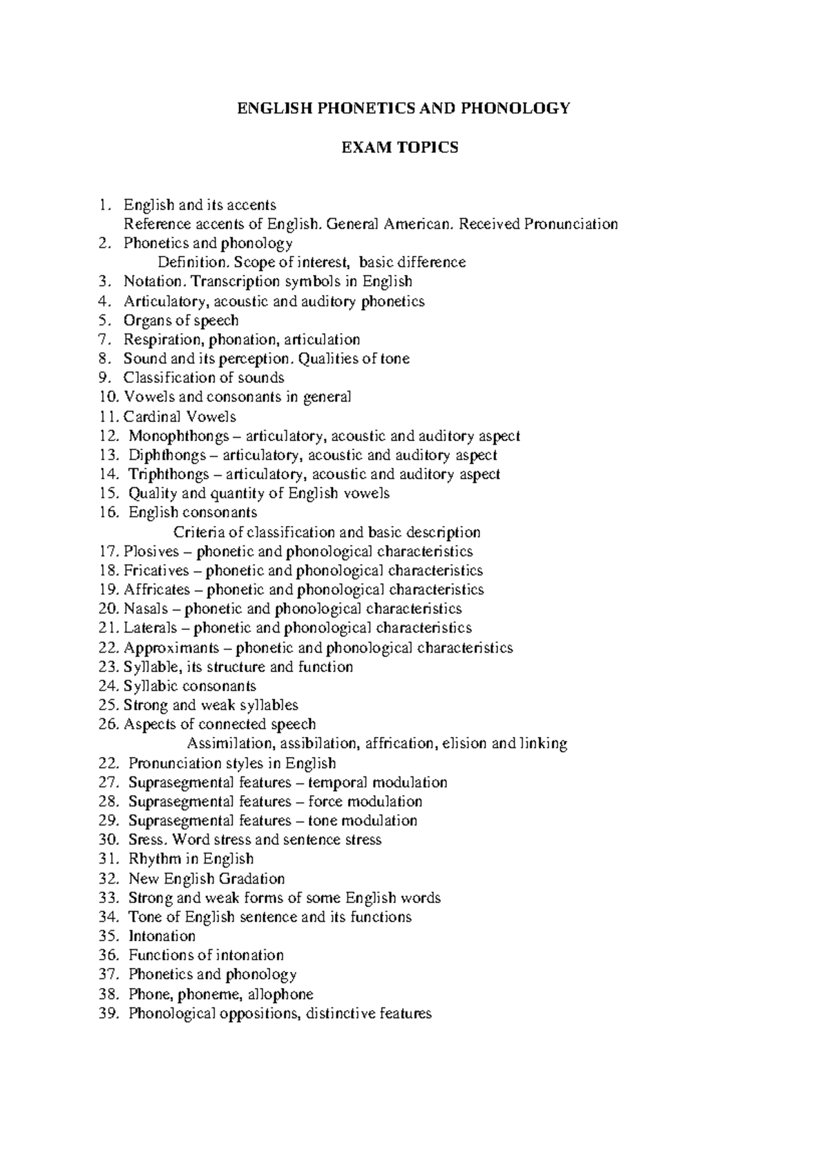 ENG PHONETICS & PHONOLOGY EXAM: Key Topics Overview - Studocu