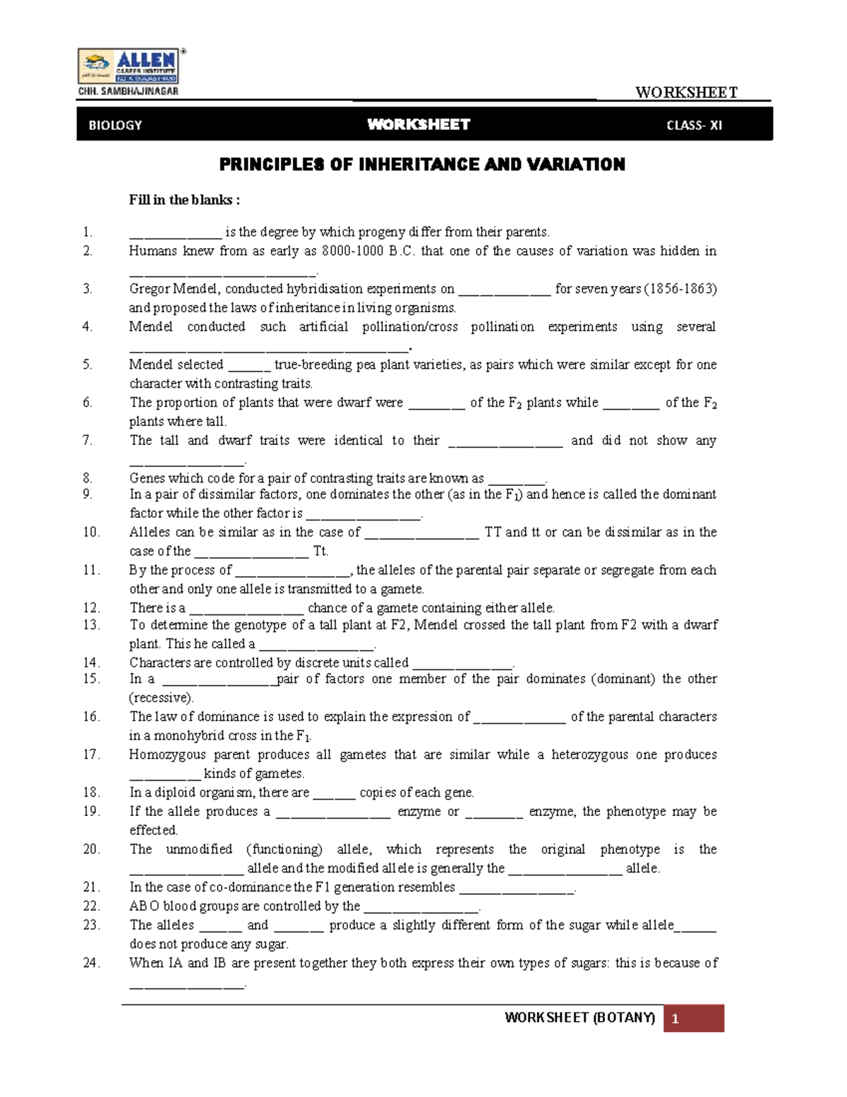 Biology XI: Principles of Inheritance Worksheet - Studocu