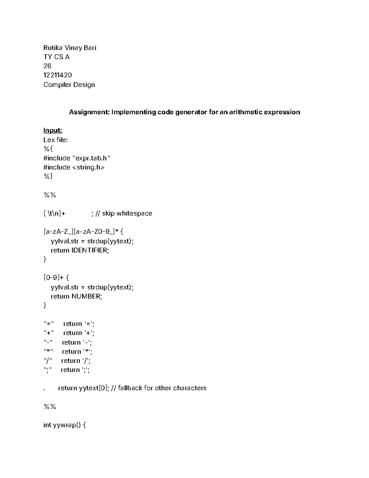 code generator in lex and bison - Rutika Vinay Bari TY CS A 26 12211420 ...