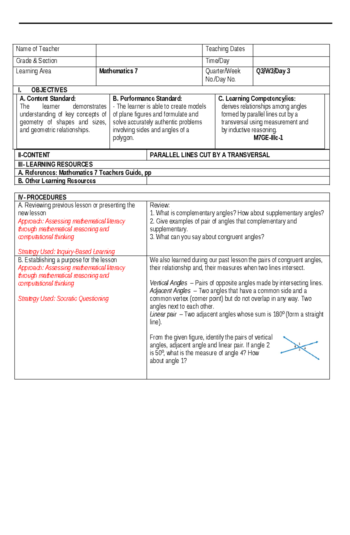 M7GE-IIIc- Lesson Plan on Parallel Lines and Transversals - Studocu