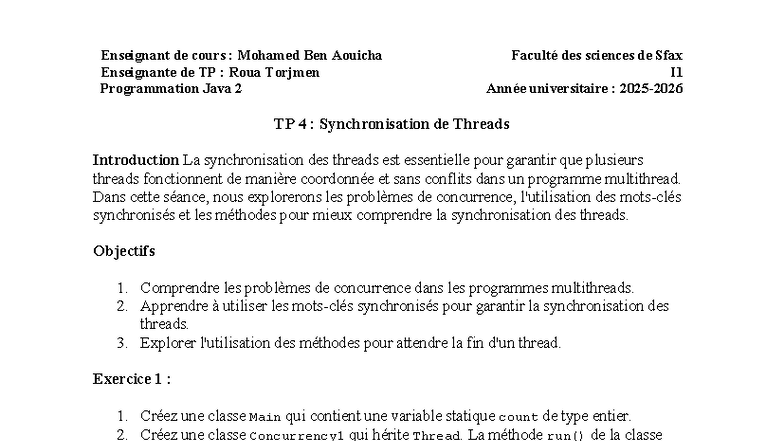 Java TP 4 - Synchronisation de Threads et Multithreading - Studocu