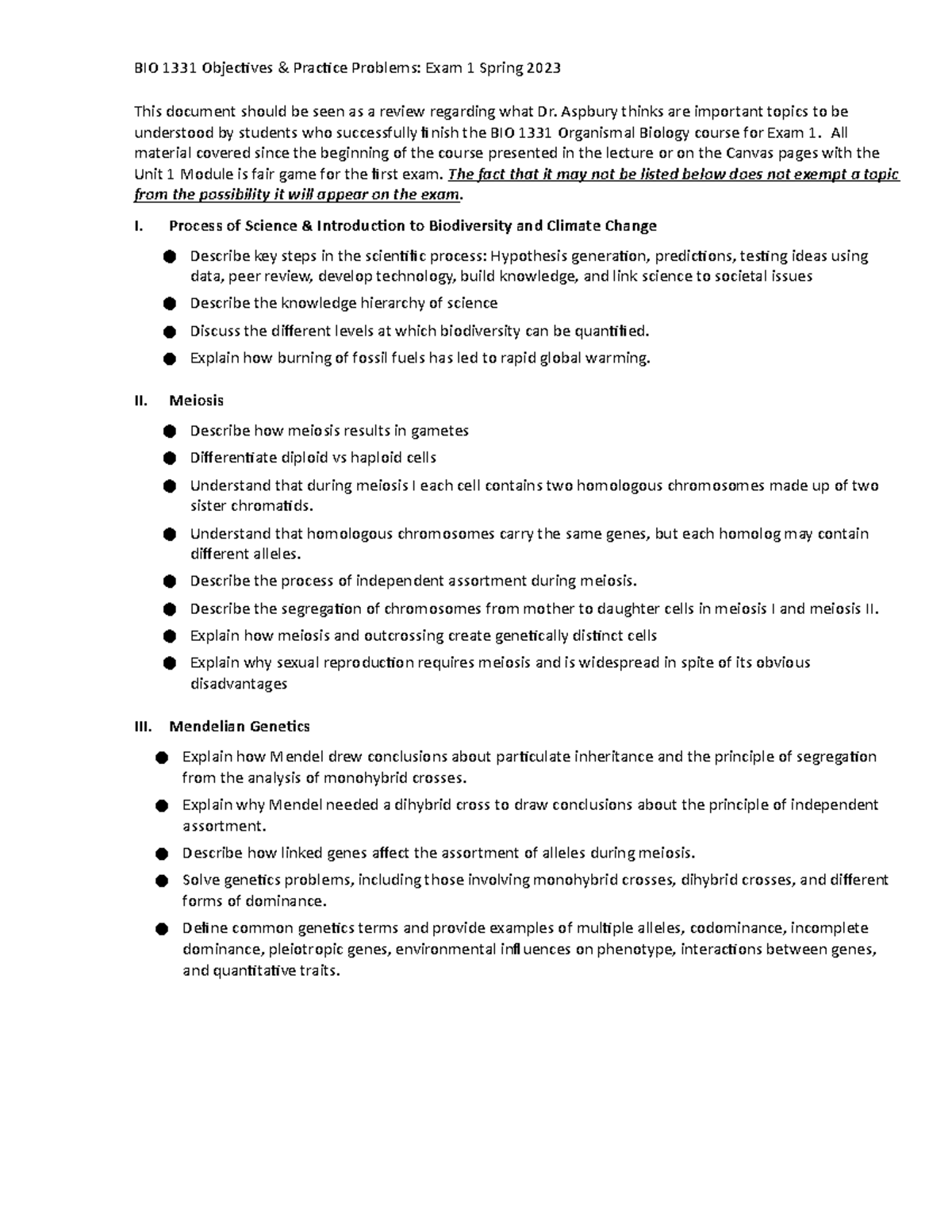 BIO1331 Exam 1 Study Guide: Key Topics & Concepts by Aspbury - Studocu