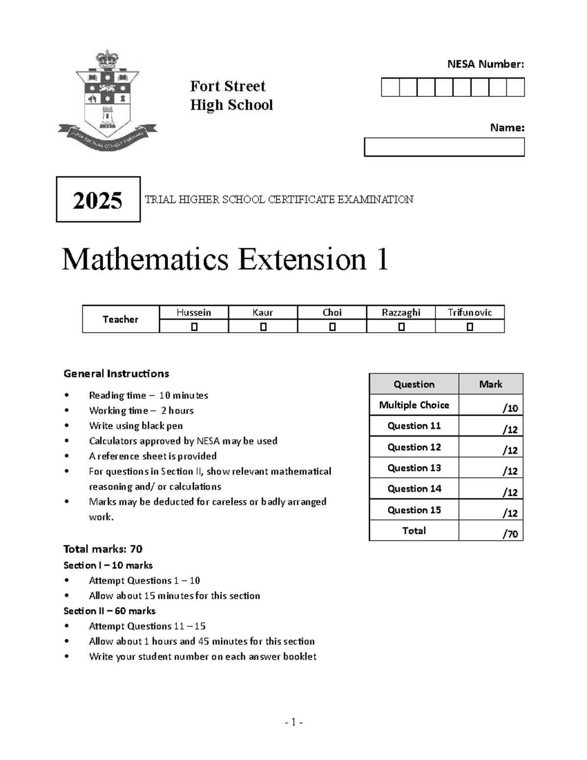 2025 TRIAL HSC EXAM Mathematics Extension 1 - Fort Street High School ...
