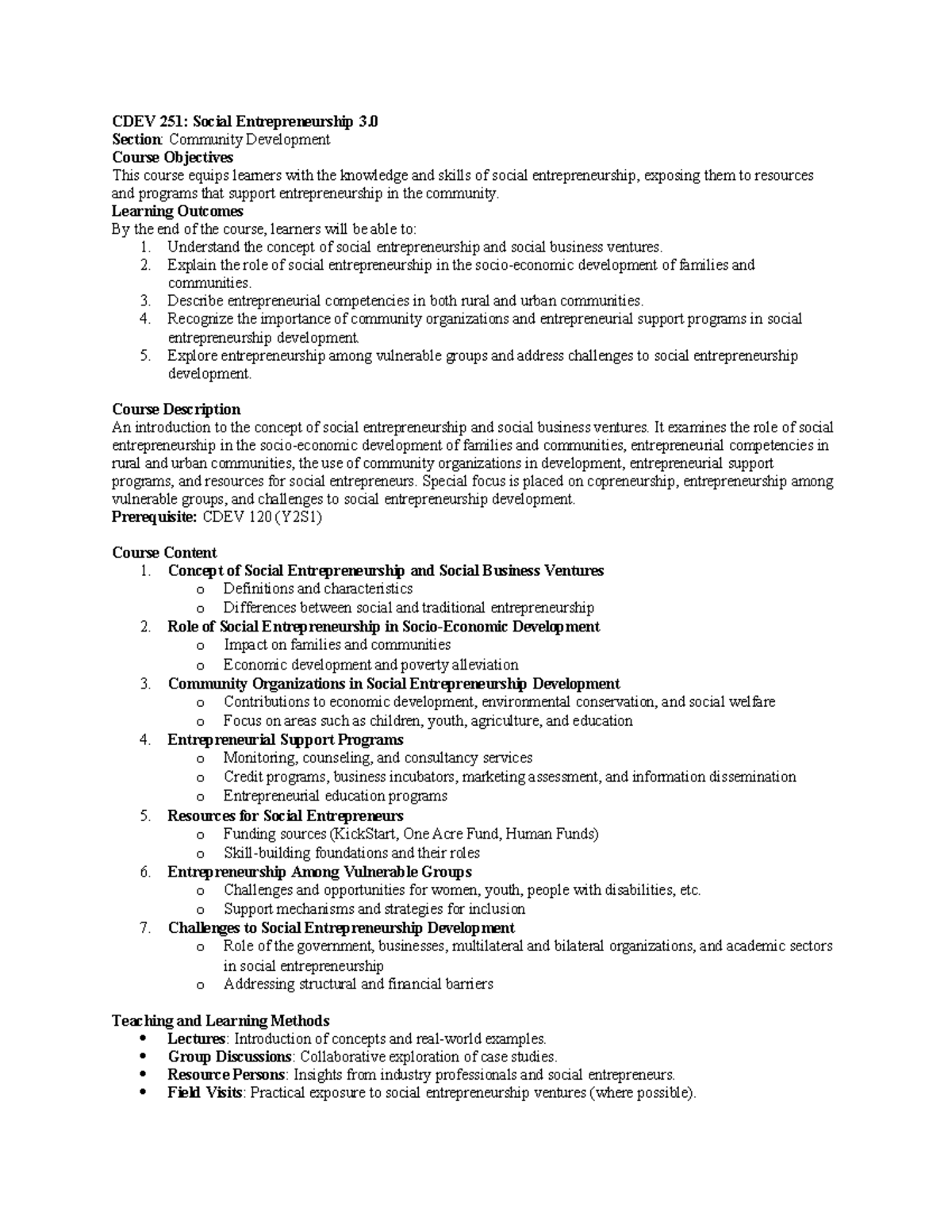 CDEV 251 Current Course Outline - CDEV 251: Social Entrepreneurship 3 ...