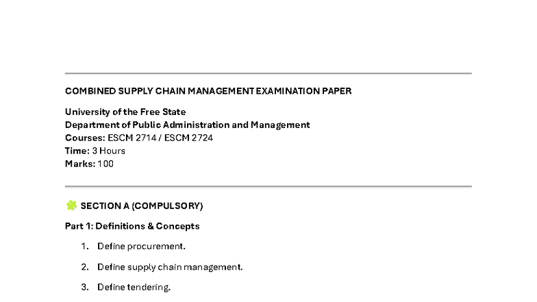 ESCM 2714 & 2724 Combined Supply Chain Management Exam Paper - Studocu