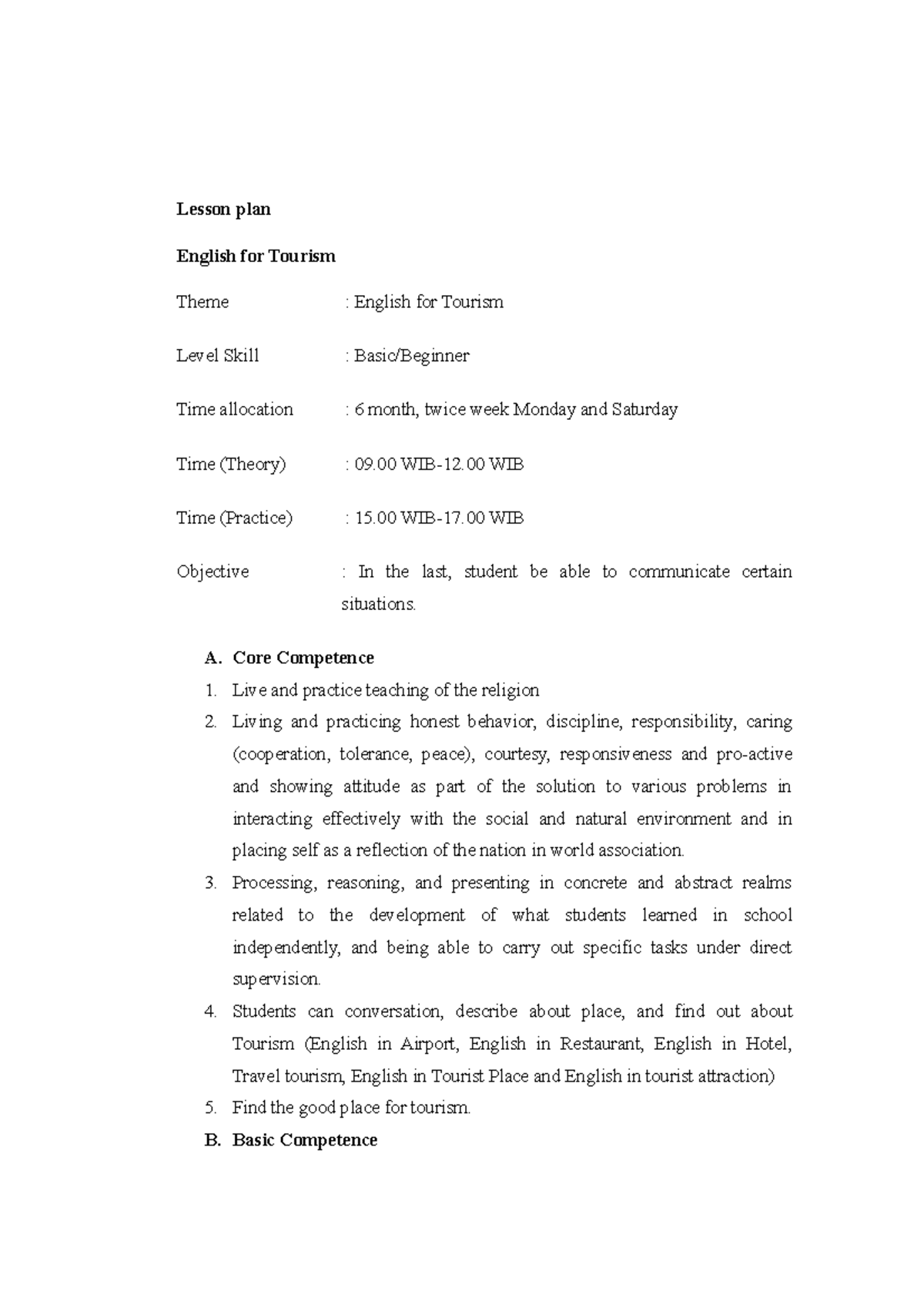 ESP Lesson Plan: English for Tourism (Basic Level, 6 Months) - Studocu