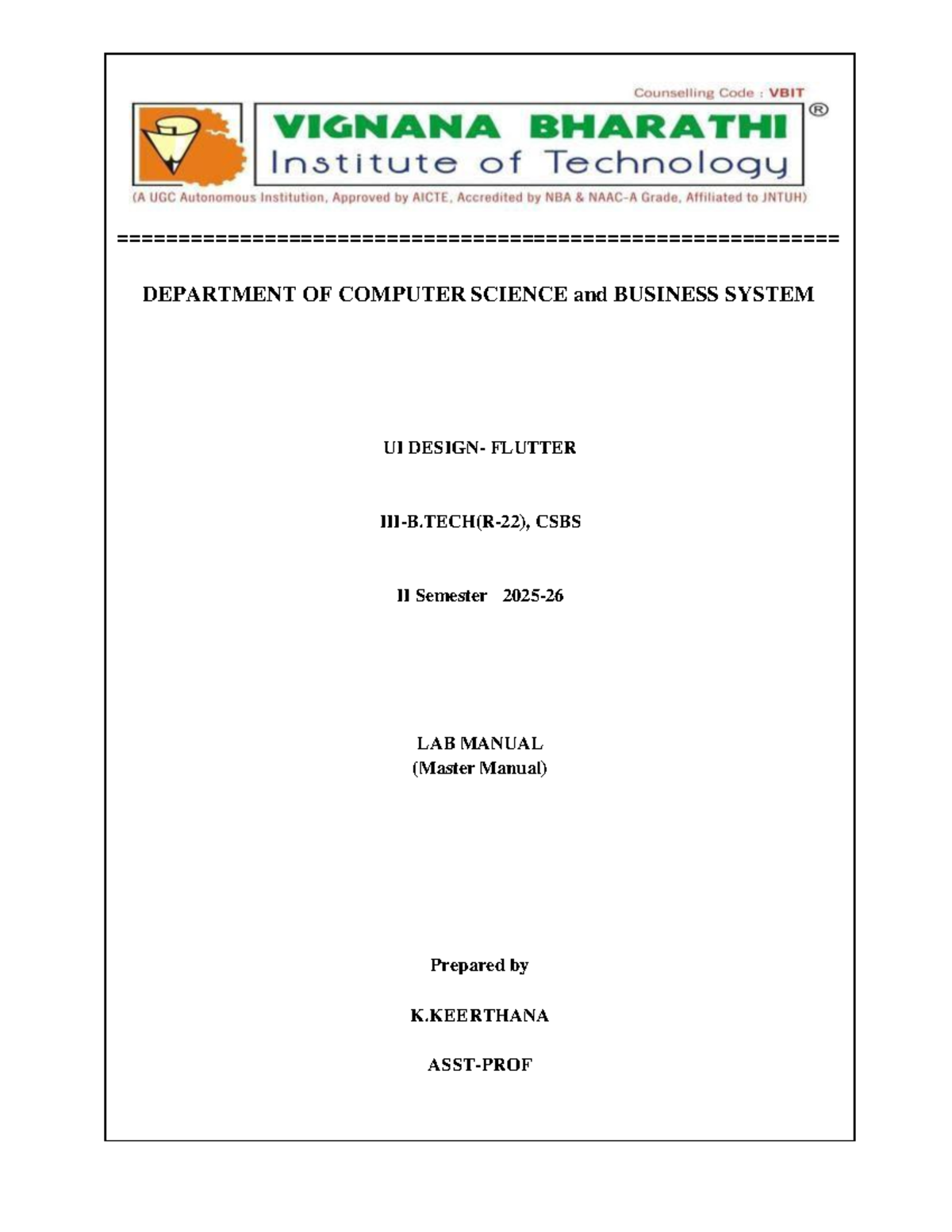 CSBS II Semester Lab Manual: Flutter UI Design and Development - Studocu