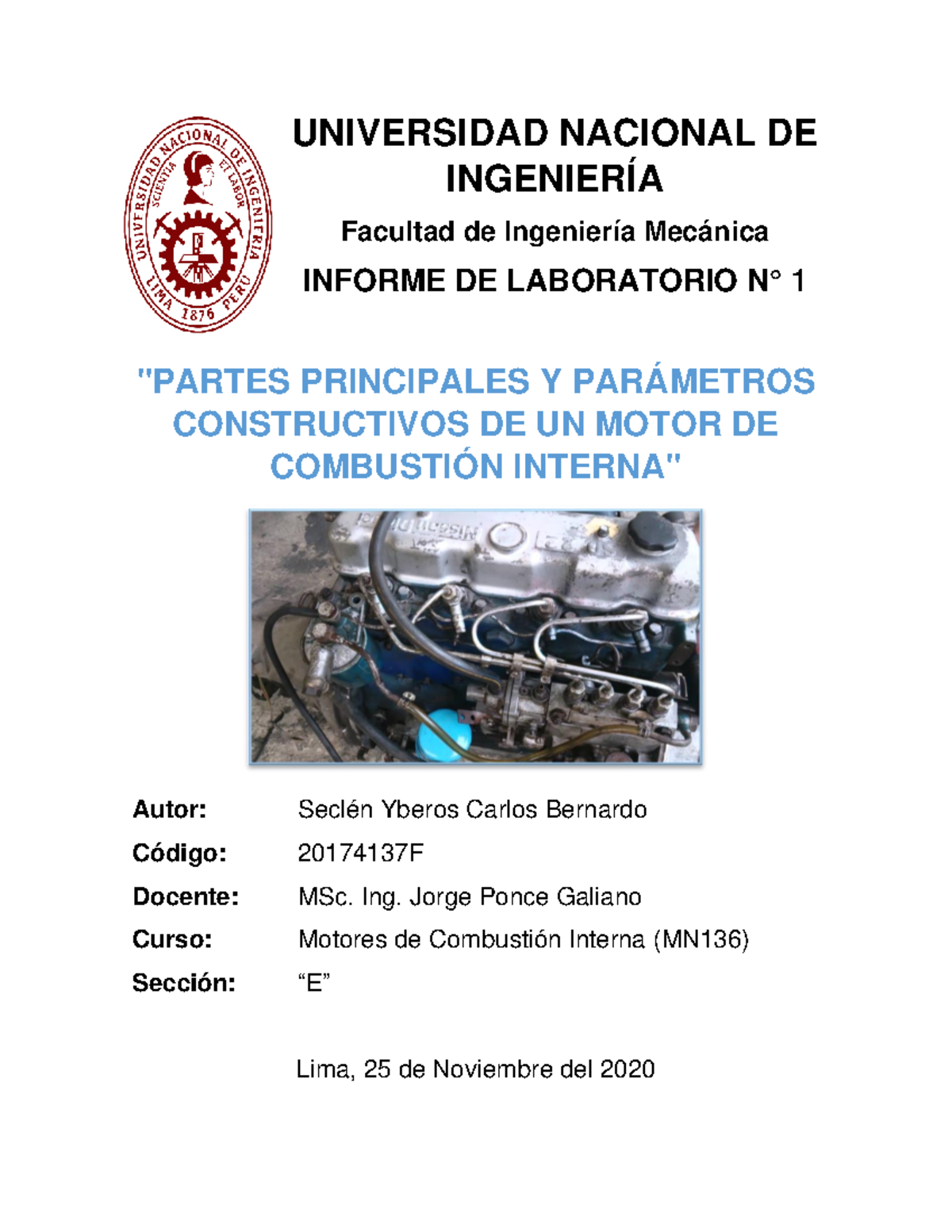 Informe de Laboratorio 1 - Motores de Combustión Interna (MN136) - Document Preview