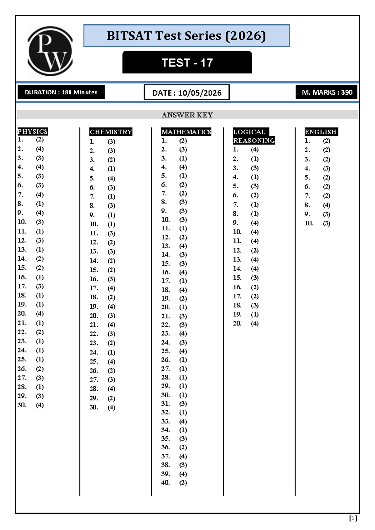 Test-17 Solutions for BITSAT Test Series (2026) - Studocu