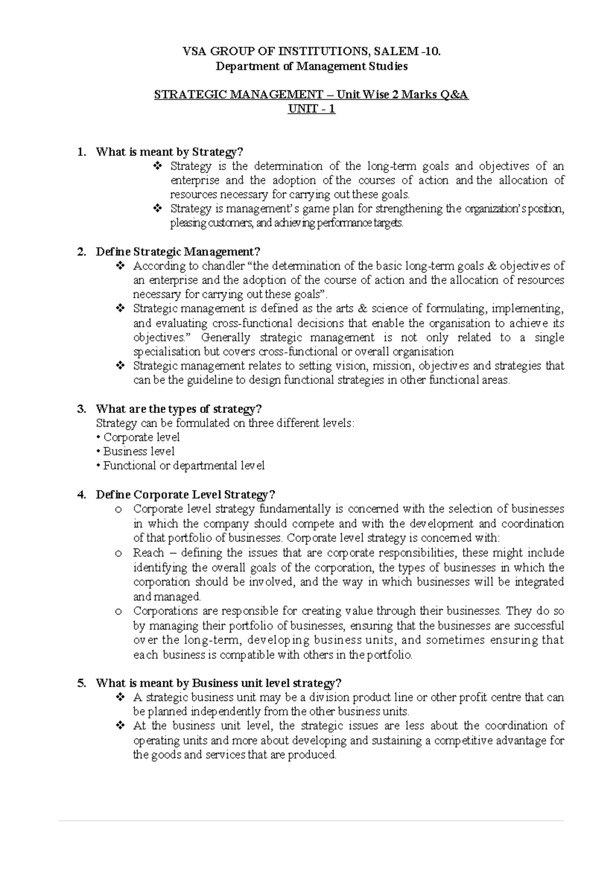 Strategic Management (Course Code: SM 2) Unit Wise 2 Marks Q&A Guide ...