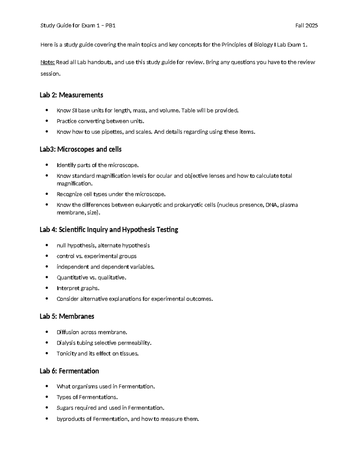Study Guide for PB1 Fall 2025 - Principles of Biology I Lab Exam 1 ...
