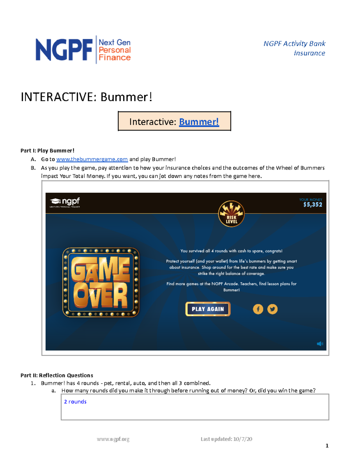 Economics and Personal Finance - Insurance Game Reflection Activity ...