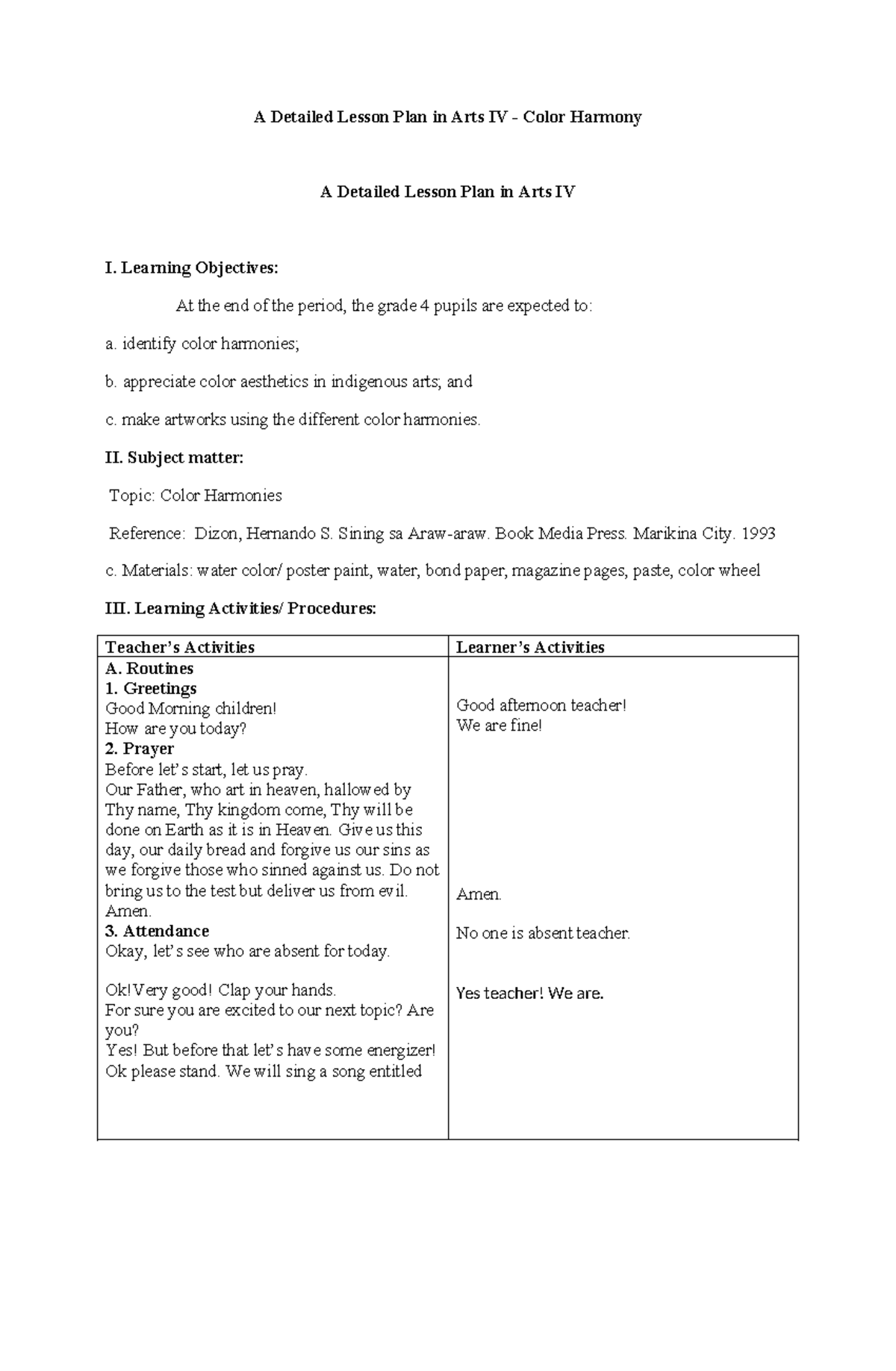 323026365 A Detailed Lesson Plan in Arts IV Manlangit Mapeh 4 - A ...