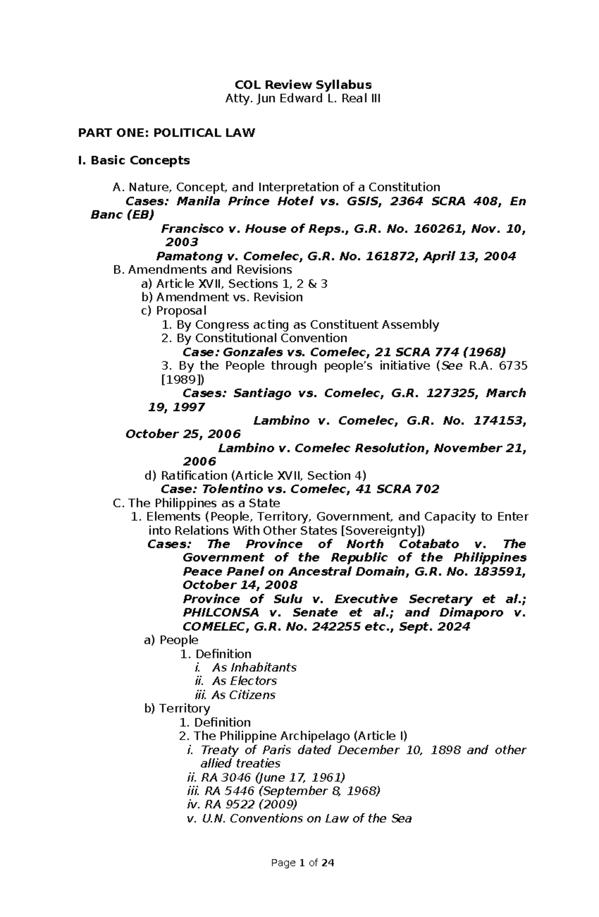 COL Review Syllabus 2026: Political Law Overview by Atty. Jun Edward L. Real - Document Preview