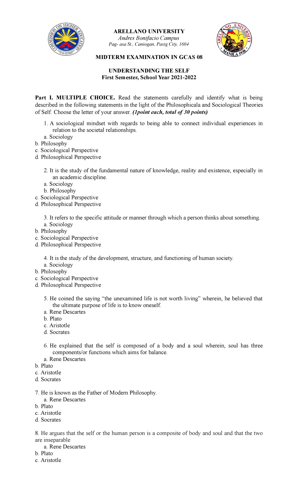 Midterm Exam GCAS 08: Understanding the Self - Answer Key & Questions ...