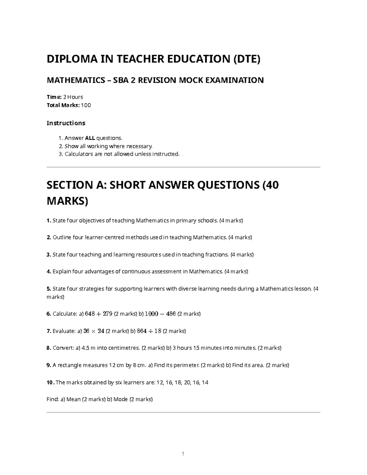 DTE Mathematics SBA 2 Revision Mock Exam Guide - Studocu