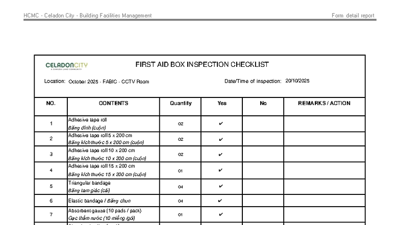HCMC - Celadon City - First Aid Box Inspection Checklist - Studocu
