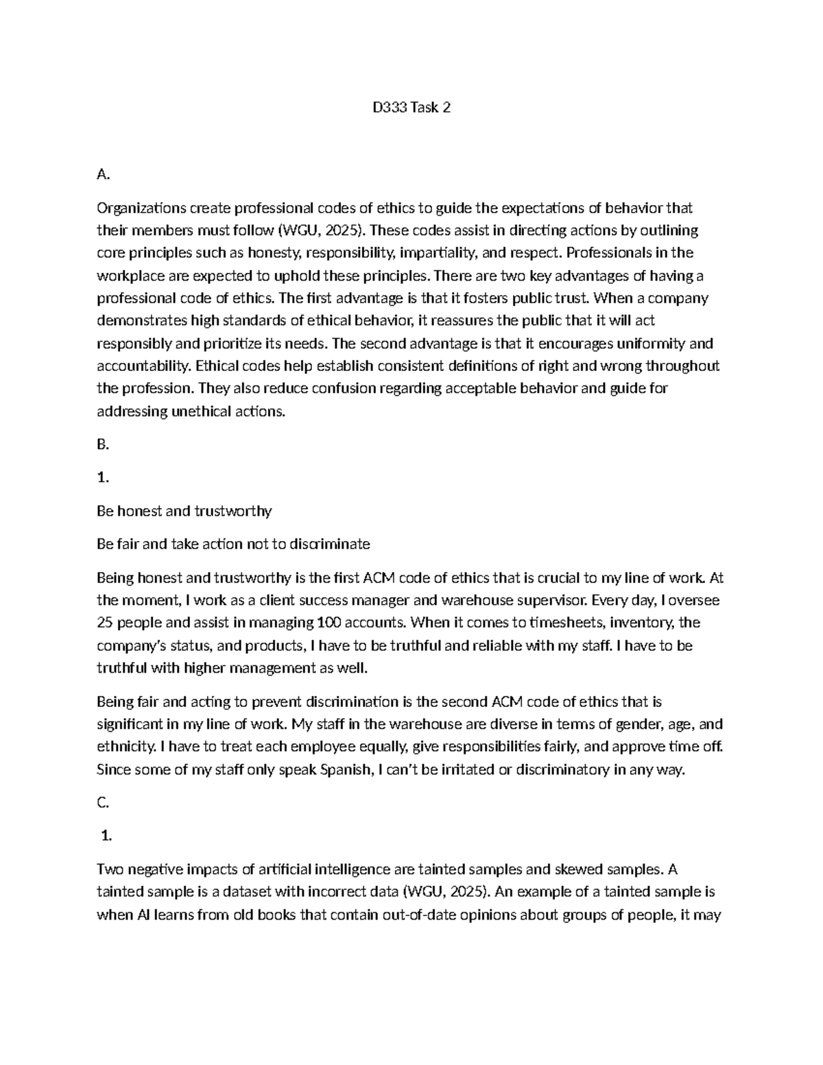 D333 Task 2: Professional Codes of Ethics and AI Impacts - Studocu